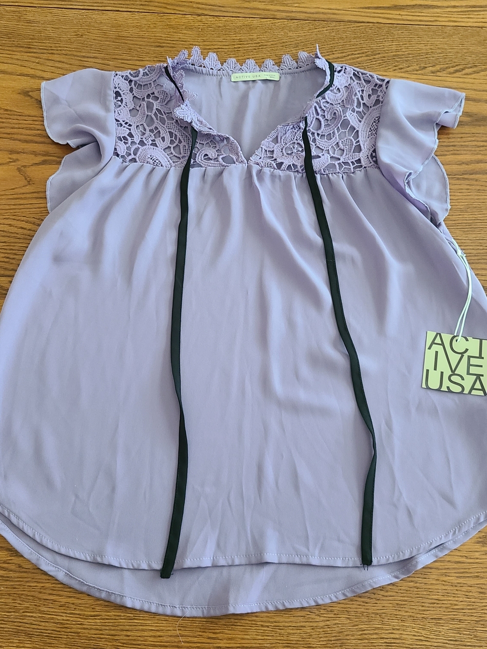 Active USA Lavender Lace-Trim Flutter Sleeve Top